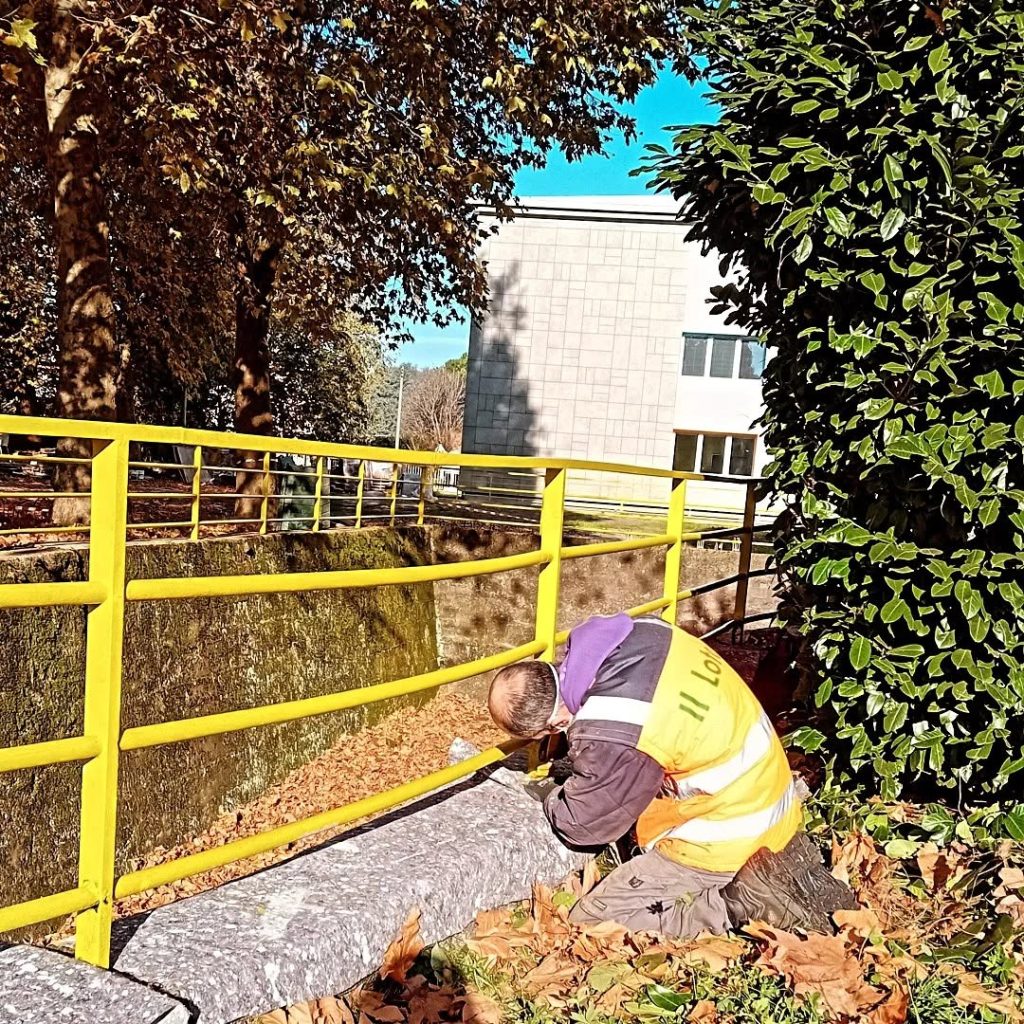 Manutenzione del verde in autunno in un'area aziendale